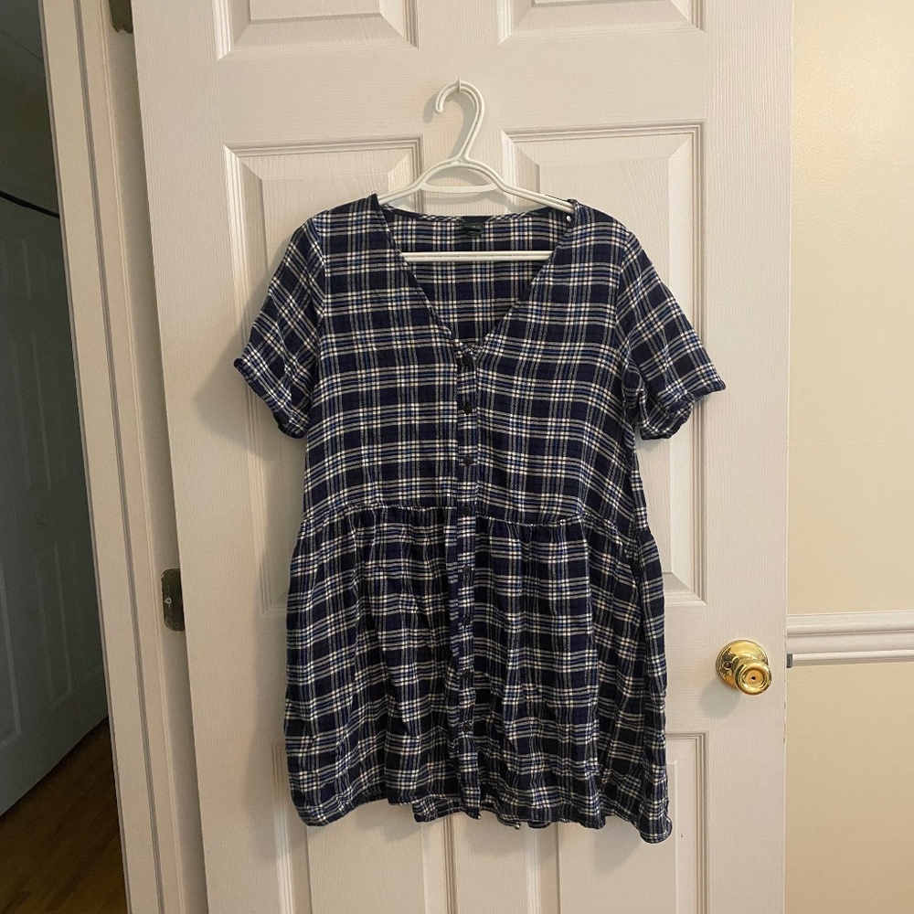 WILD FABLE Dark Blue Mini Dress with White Plaid Pattern and Buttons Size S
